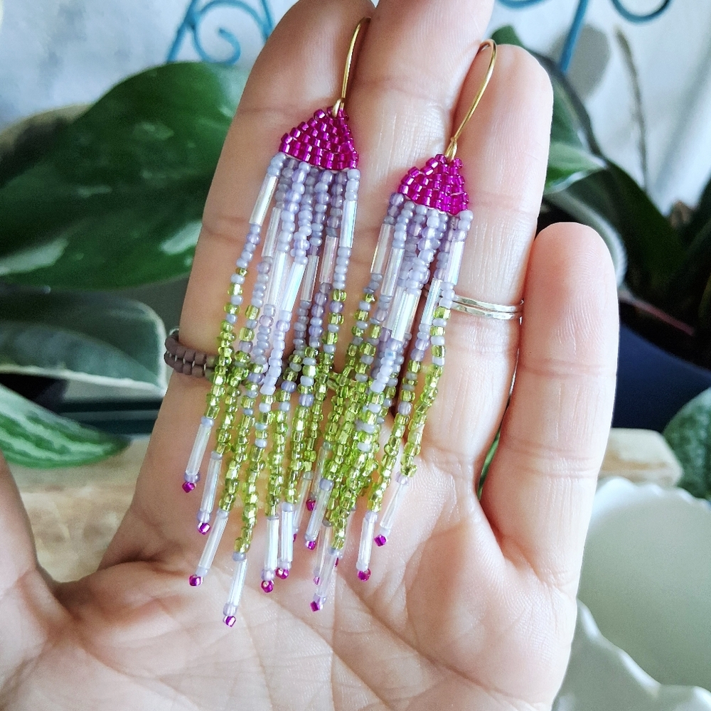 BOGO EARRINGS Boho Chic Seed Bead Fringe Tassel Dangle Earrings, Statement 3.5" - Picture 6 of 7